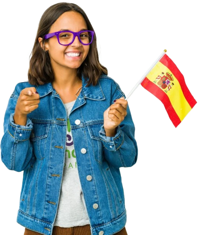 Foto de uma mulher segurando uma bandeira da espanha apontando para frente