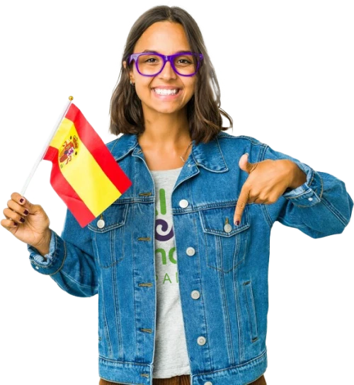 Foto de uma mulher segurando uma bandeira da espanha apontando para baixo